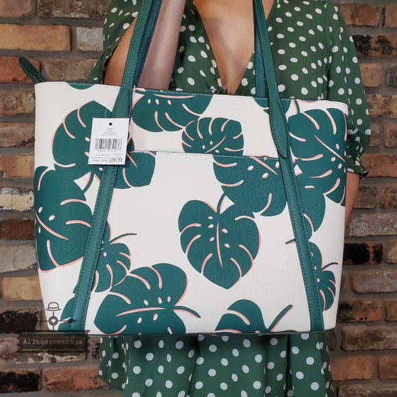NWT Kate Spade AUTHENTIC Cara Monstera Leaves Large Tote Cream Multi Green Leaf - Picture 4 of 5
